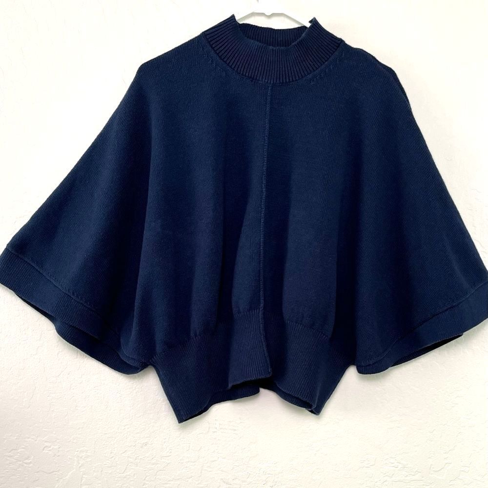Ann Taylor LOFT Navy Blue Cropped Poncho Cape Mock Neck Knit Sweater XL